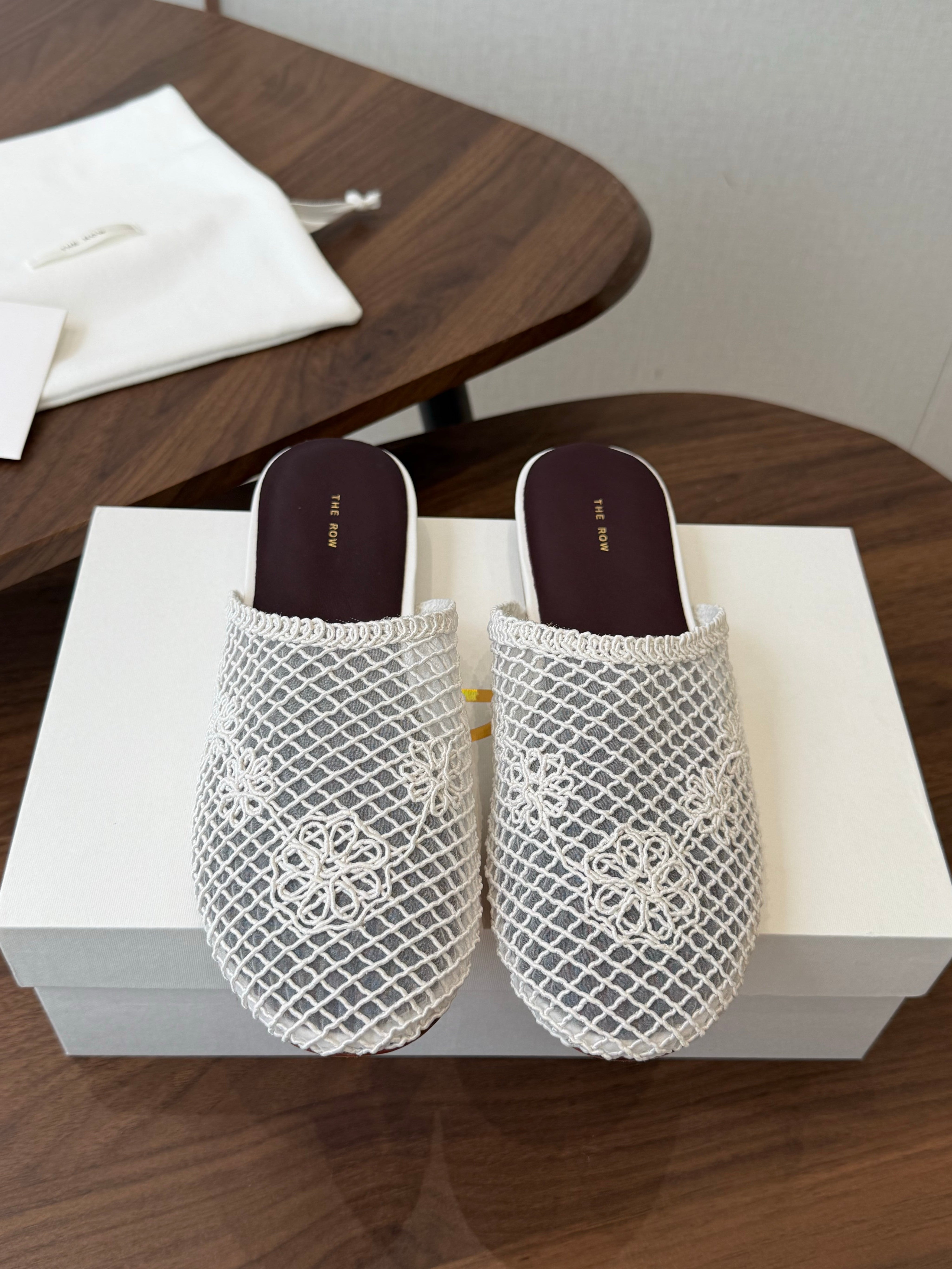 THE ROW 26S MULE FLATS IN WHITE CROCHET MESH