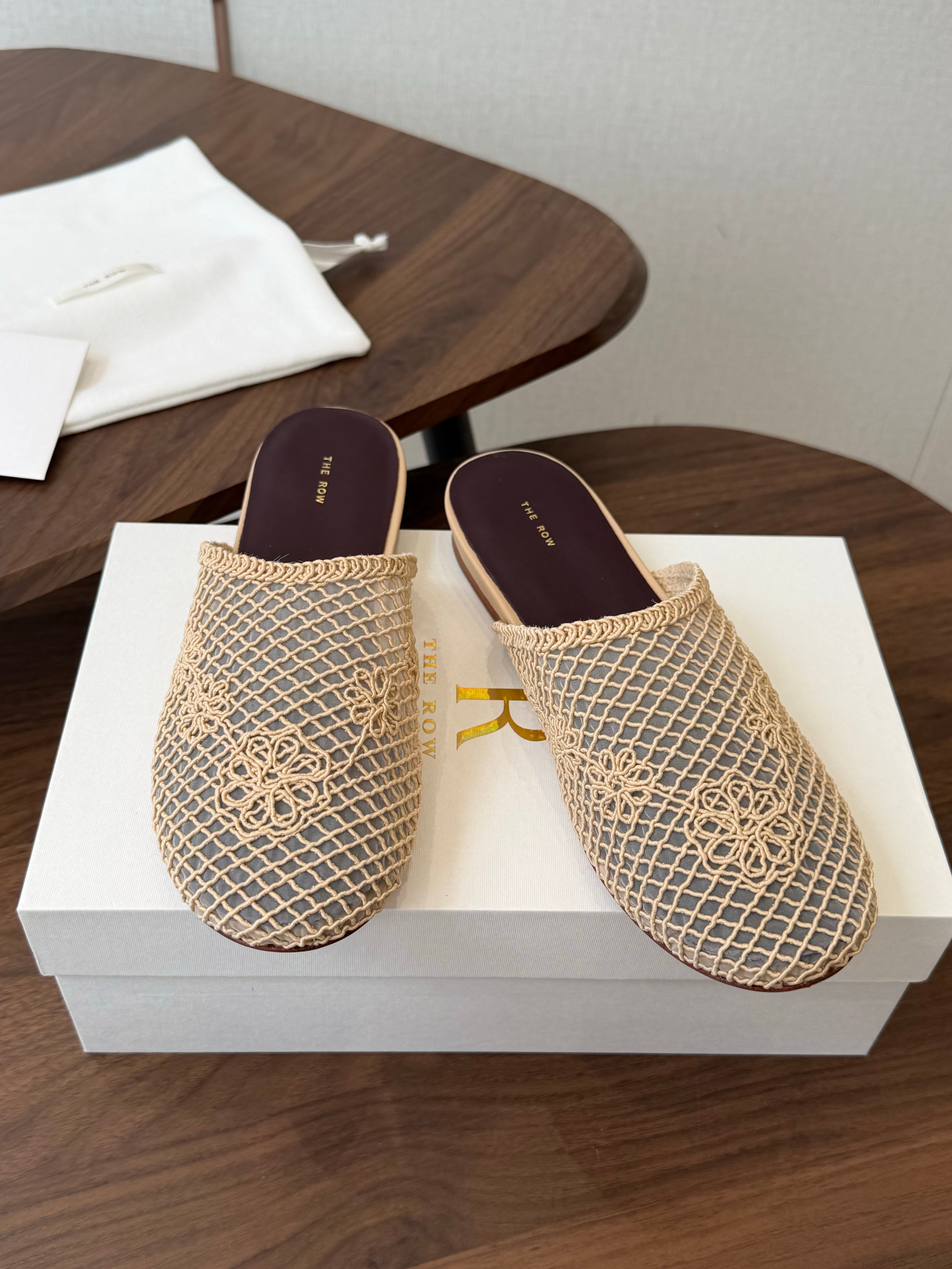 THE ROW 26S MULE FLATS IN BEIGE CROCHET MESH