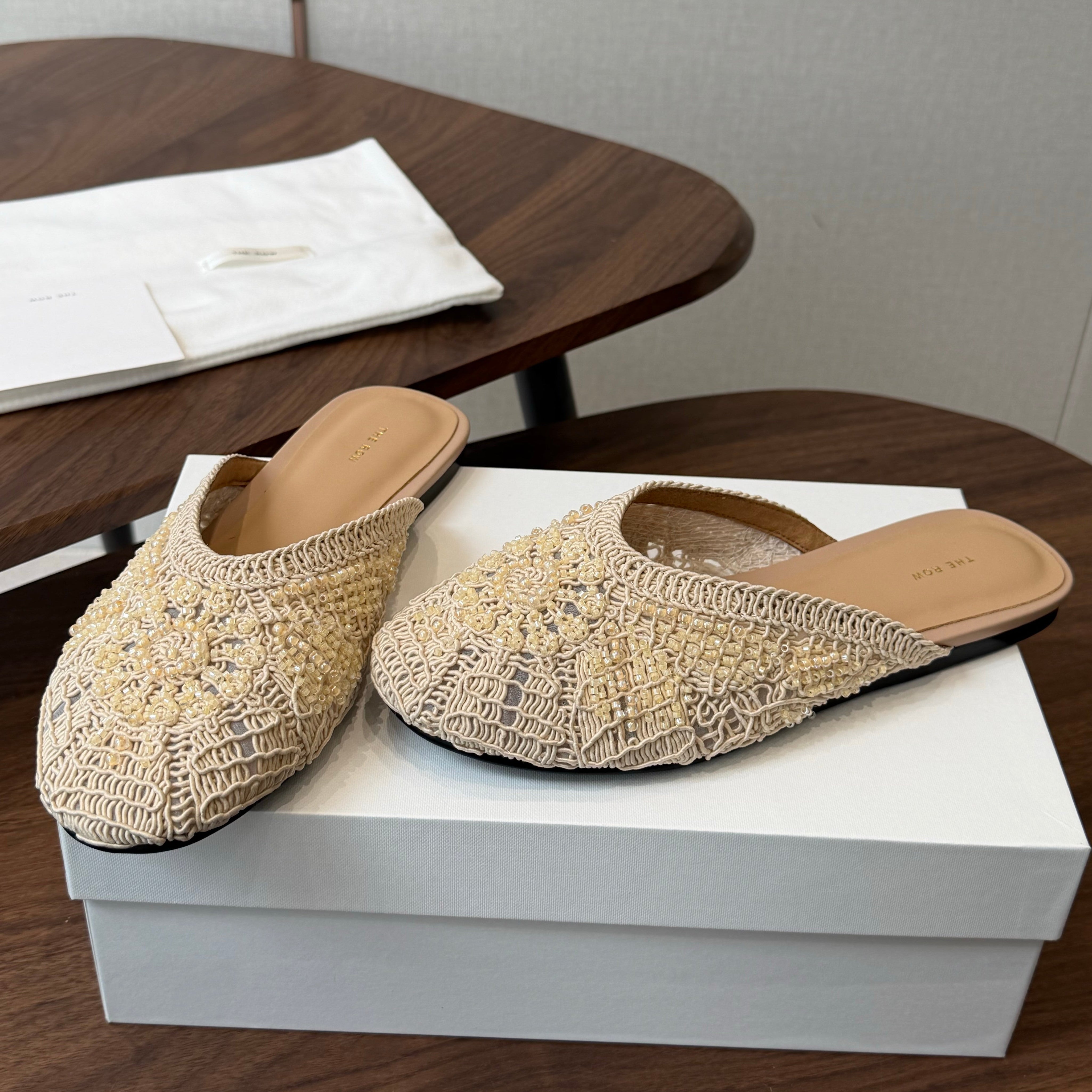 THE ROW 26S PEARL EMBELLISHED CROCHET MULE FLATS IN IVORY WHITE