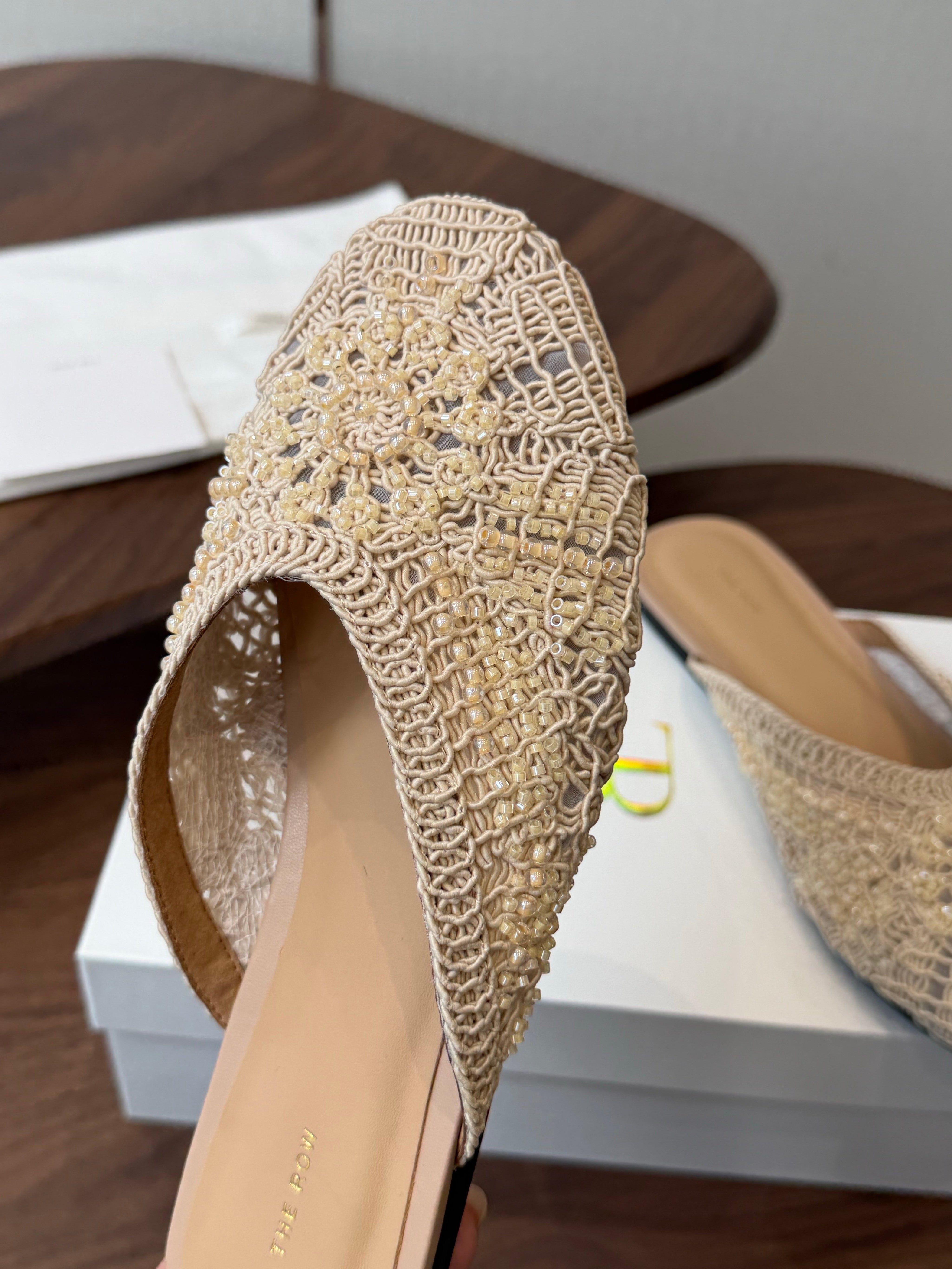 THE ROW 26S PEARL EMBELLISHED CROCHET MULE FLATS IN IVORY WHITE