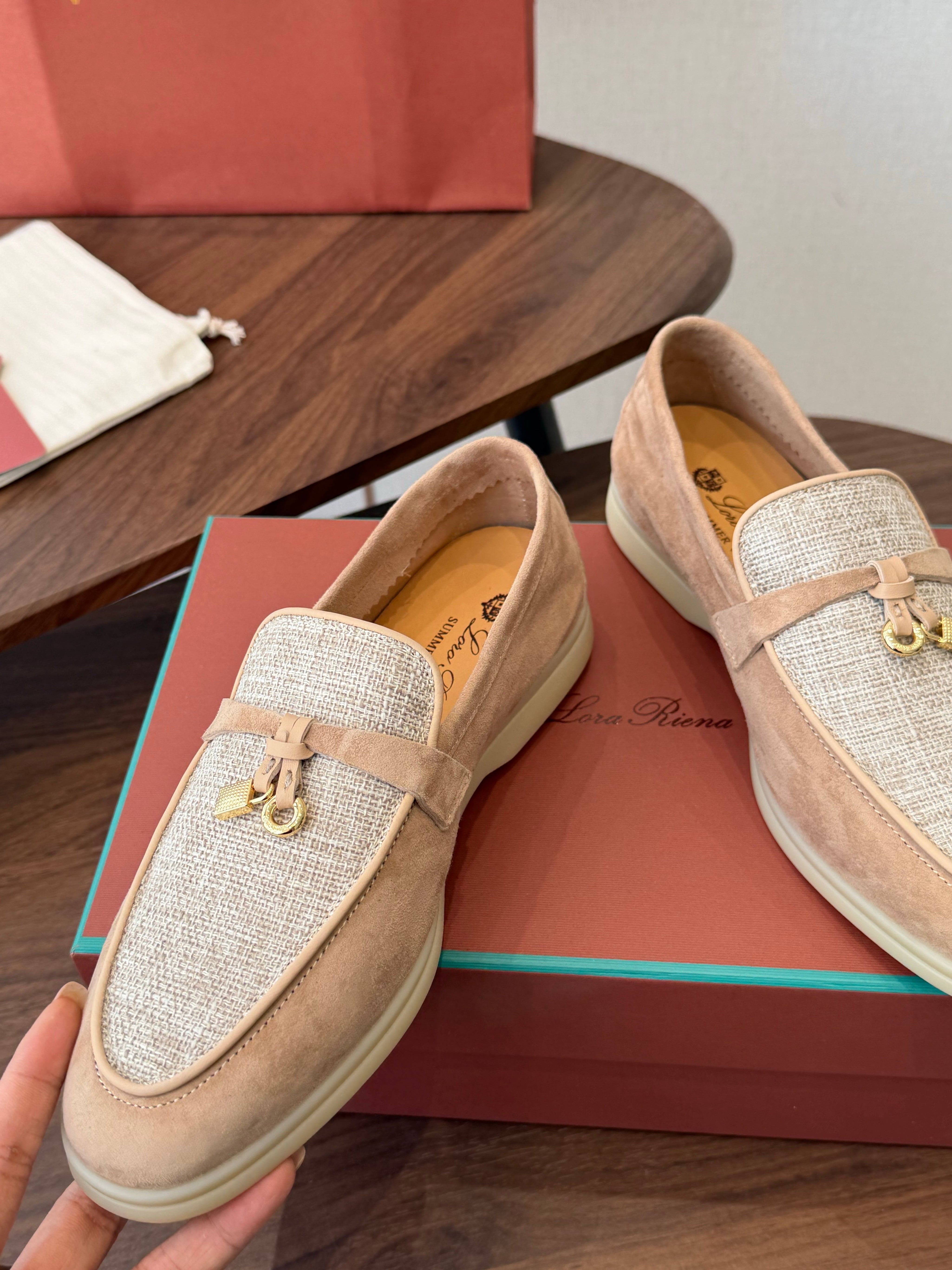 LP 26S LOAFERS IN LIGHT BROWN SUEDE & FABRIC GOLD HARDWARE