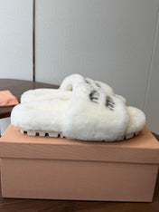 MIUMIU 26S CRYSTAL LOGO SLIDES IN WHITE SHEARLING