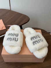 MIUMIU 26S CRYSTAL LOGO SLIDES IN WHITE SHEARLING