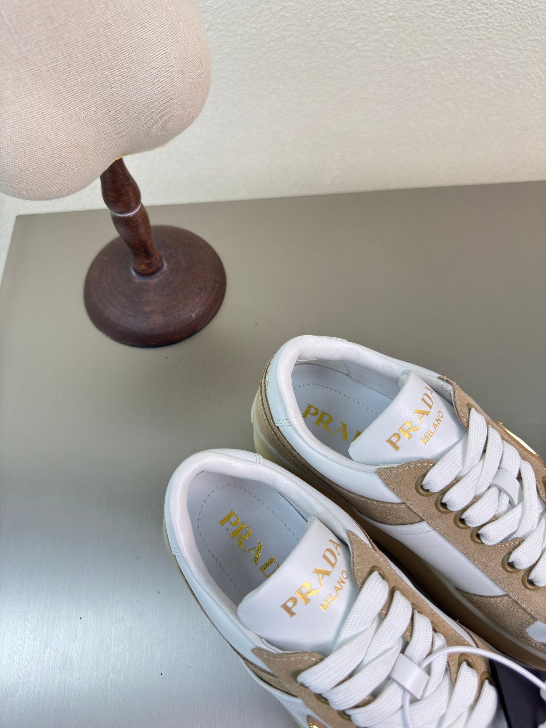 PRADA 26S DOWNTOWN THICK SOLE SNEAKERS IN WHITE CALFSKIN AND BROWN SUEDE
