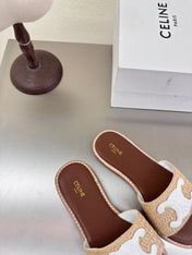 CELINE 25S LYMPIA MULE BEIGE RAFFIA WHITE WOOL LOGO