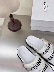 CELINE 25S FLAT SANDALS ARC DE TRIOMPHE IN WHITE CALFSKIN AND CANVAS