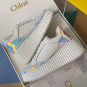 CHLOÉ 26S WEDGE SNEAKERS 70 MM IN WHITE CALFSKIN AND HOLOGRAM