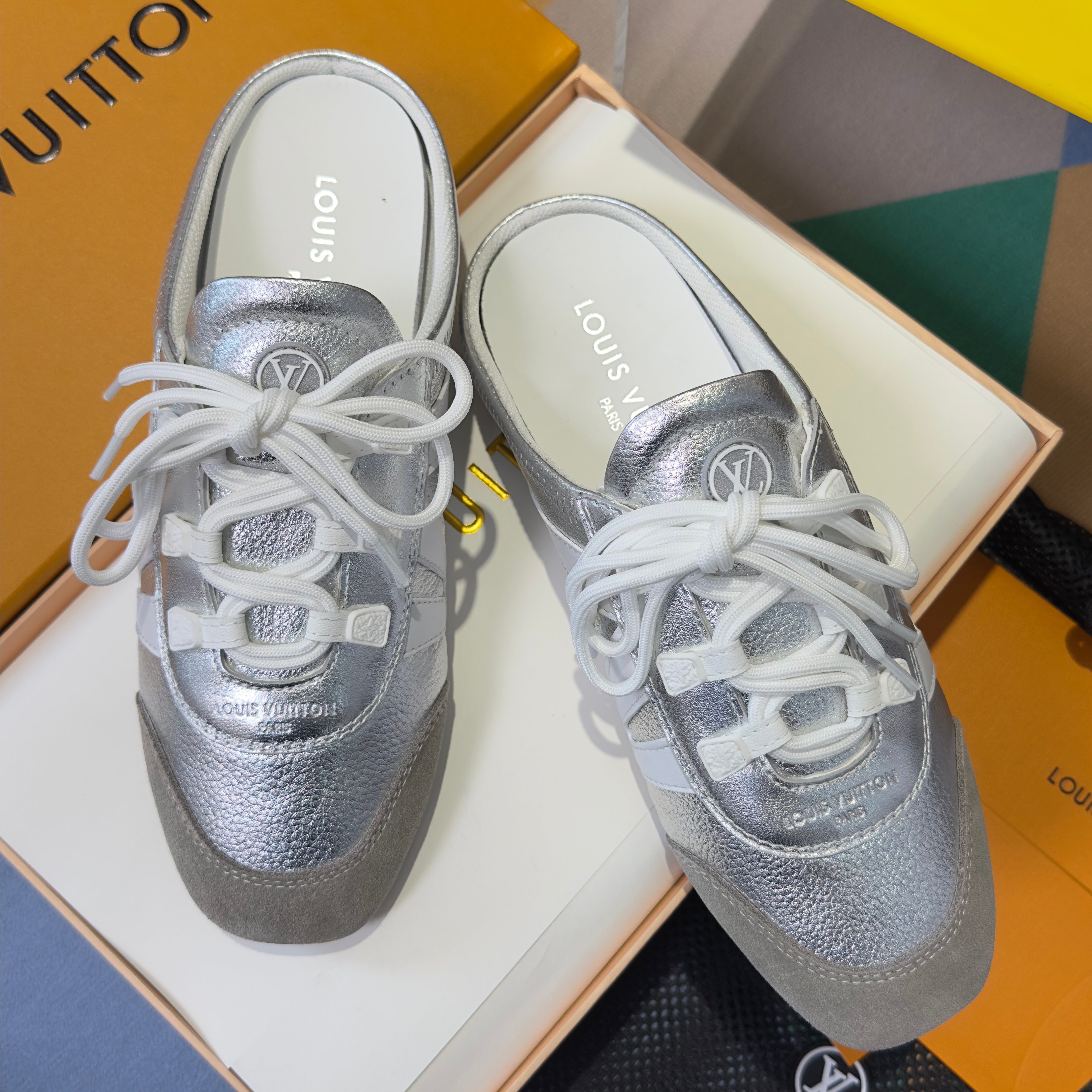 LV 26S SNEAKERINA OPEN BACK SNEAKERS IN SILVER CALFSKIN AND SUEDE