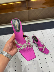 HIGH RHINESTONE CROSS STRAP MULES IN MAGENTA PINK SILK