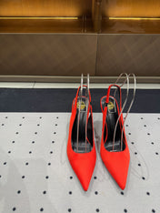 L'ENTRACTE SLINGBACK PUMPS IN RED SATIN