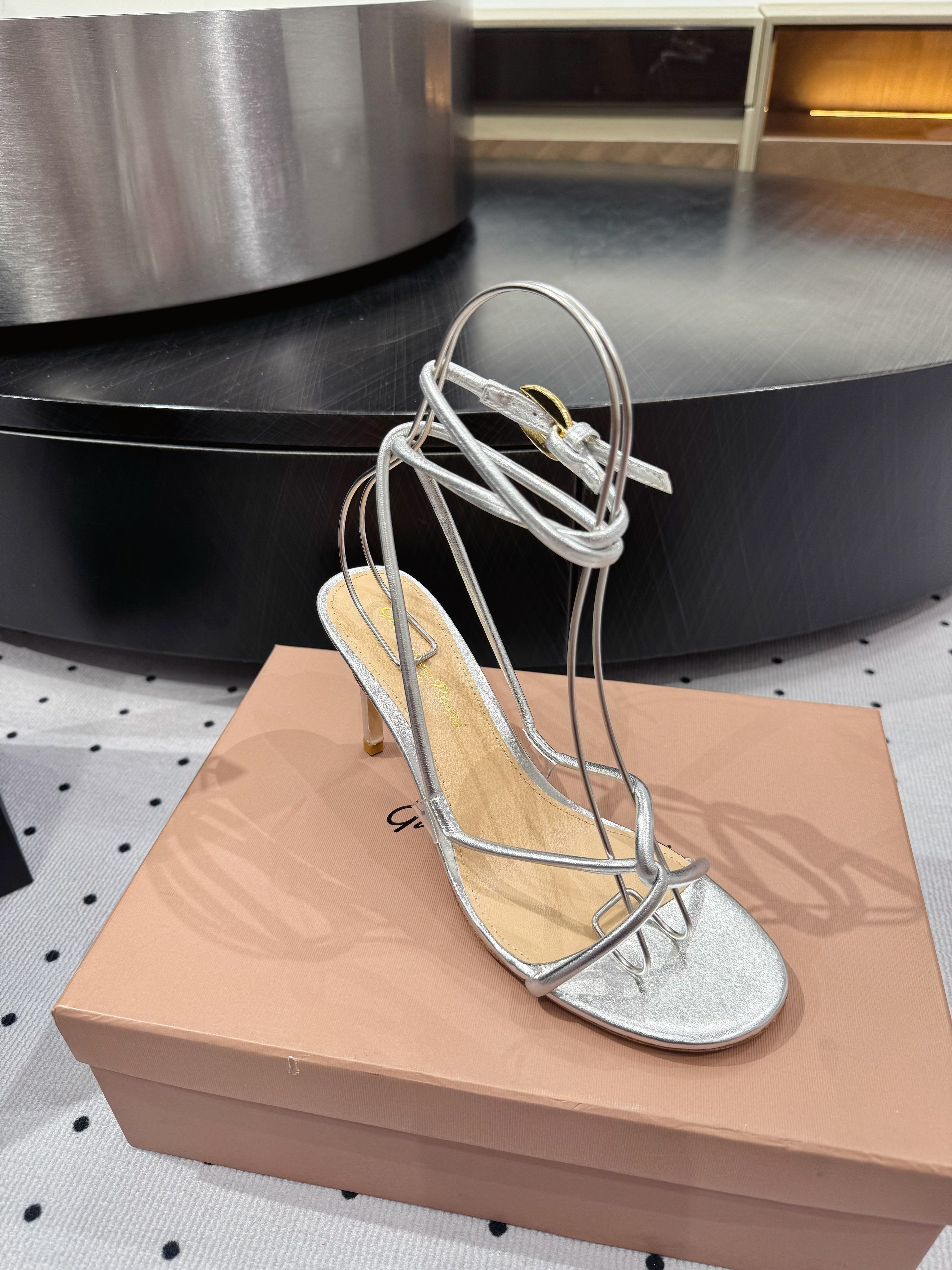 GIANVITO ROSSI 26S LACE-UP HEEL SANDALS 85 MM IN SILVER LAMBSKIN
