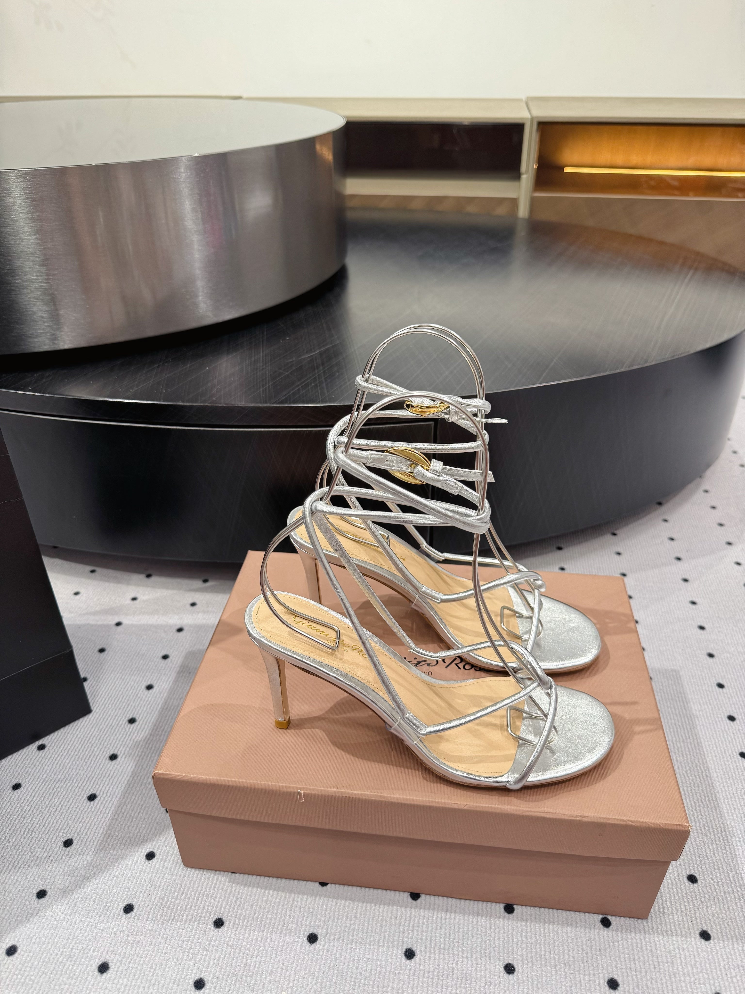 GIANVITO ROSSI 26S LACE-UP HEEL SANDALS 85 MM IN SILVER LAMBSKIN