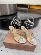 GIANVITO ROSSI 26S LACE-UP HEEL SANDALS 85 MM IN SILVER LAMBSKIN