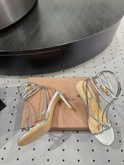 GIANVITO ROSSI 26S LACE-UP HEEL SANDALS 85 MM IN SILVER LAMBSKIN