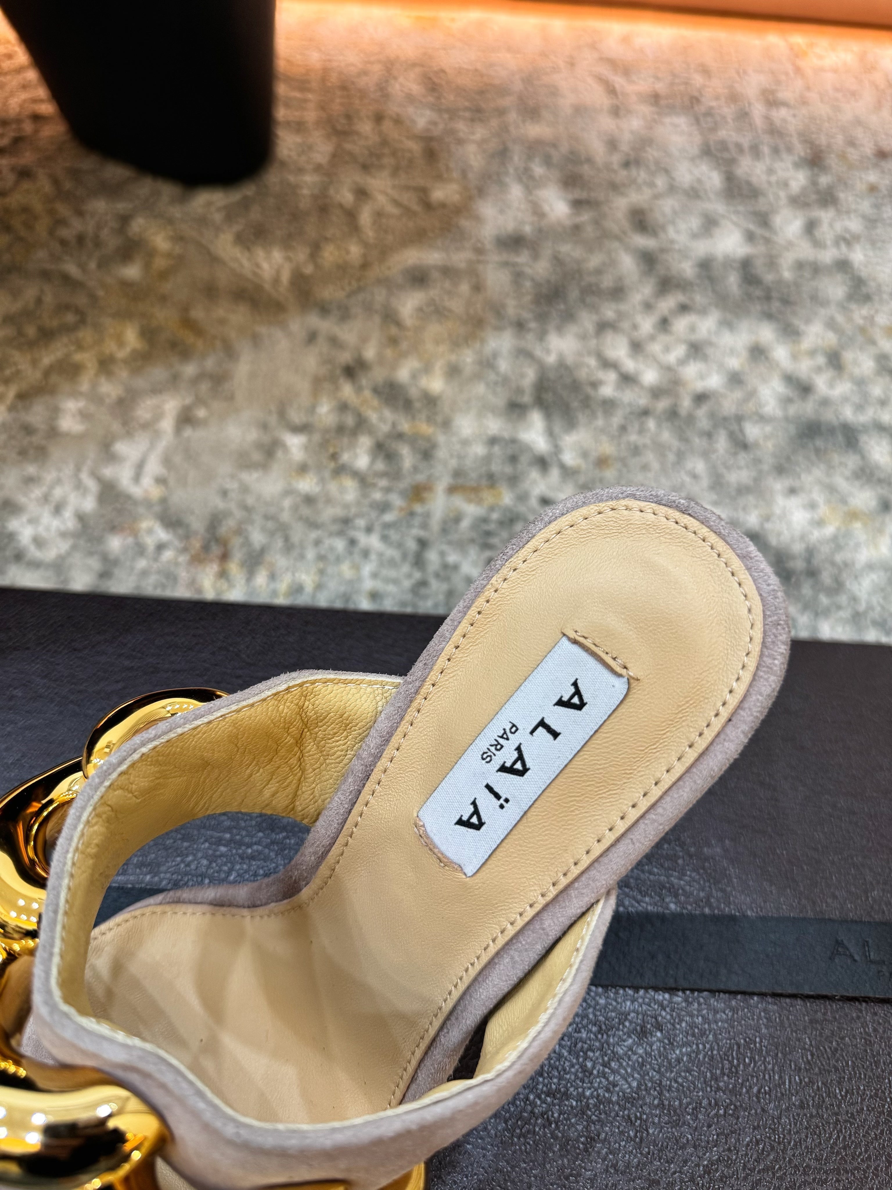 ALAIA 26S DOUBLE STRAP WEDGE SANDALS 110 MM IN BEIGE SUEDE WITH GOLD HARDWARE