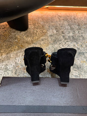 ALAIA 26S DOUBLE STRAP WEDGE SANDALS 110 MM IN BLACK SUEDE WITH GOLD HARDWARE