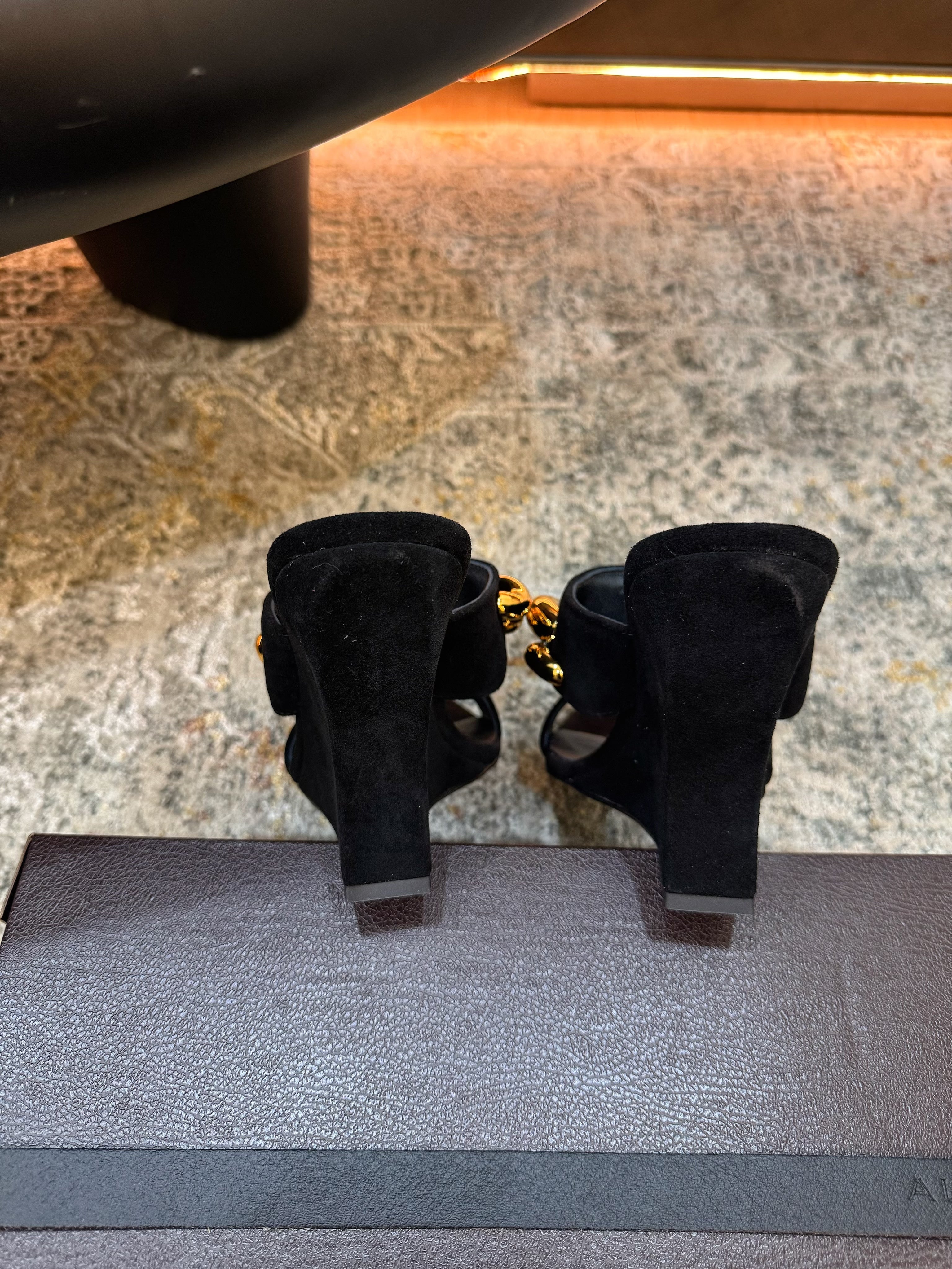 ALAIA 26S DOUBLE STRAP WEDGE SANDALS 110 MM IN BLACK SUEDE WITH GOLD HARDWARE