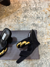 ALAIA 26S DOUBLE STRAP WEDGE SANDALS 110 MM IN BLACK SUEDE WITH GOLD HARDWARE