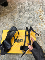 FENDI 26S HIGH-HEELED SANDALS 75 MM IN BLACK SATIN