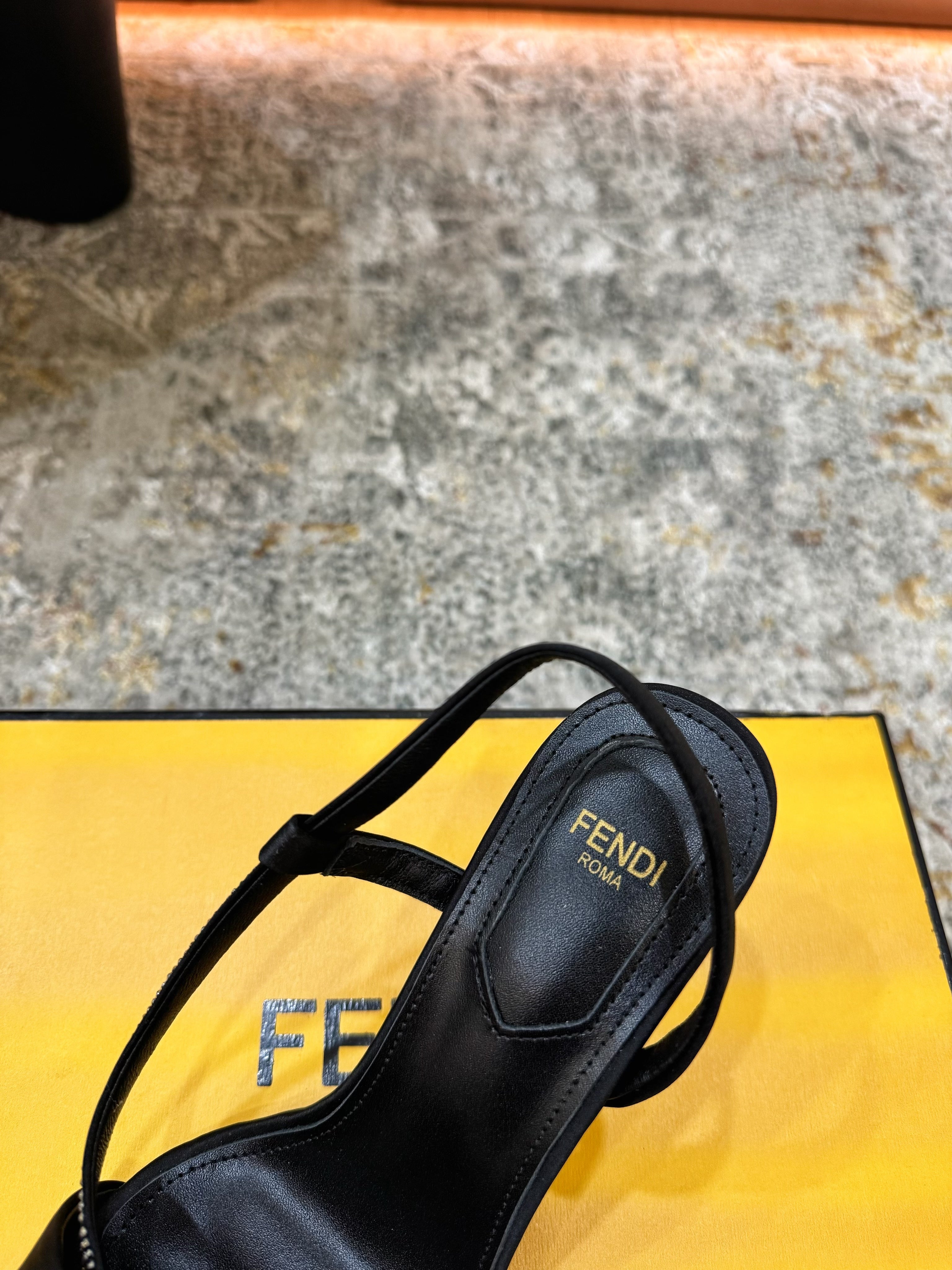 FENDI 26S HIGH-HEELED SANDALS 75 MM IN BLACK SATIN