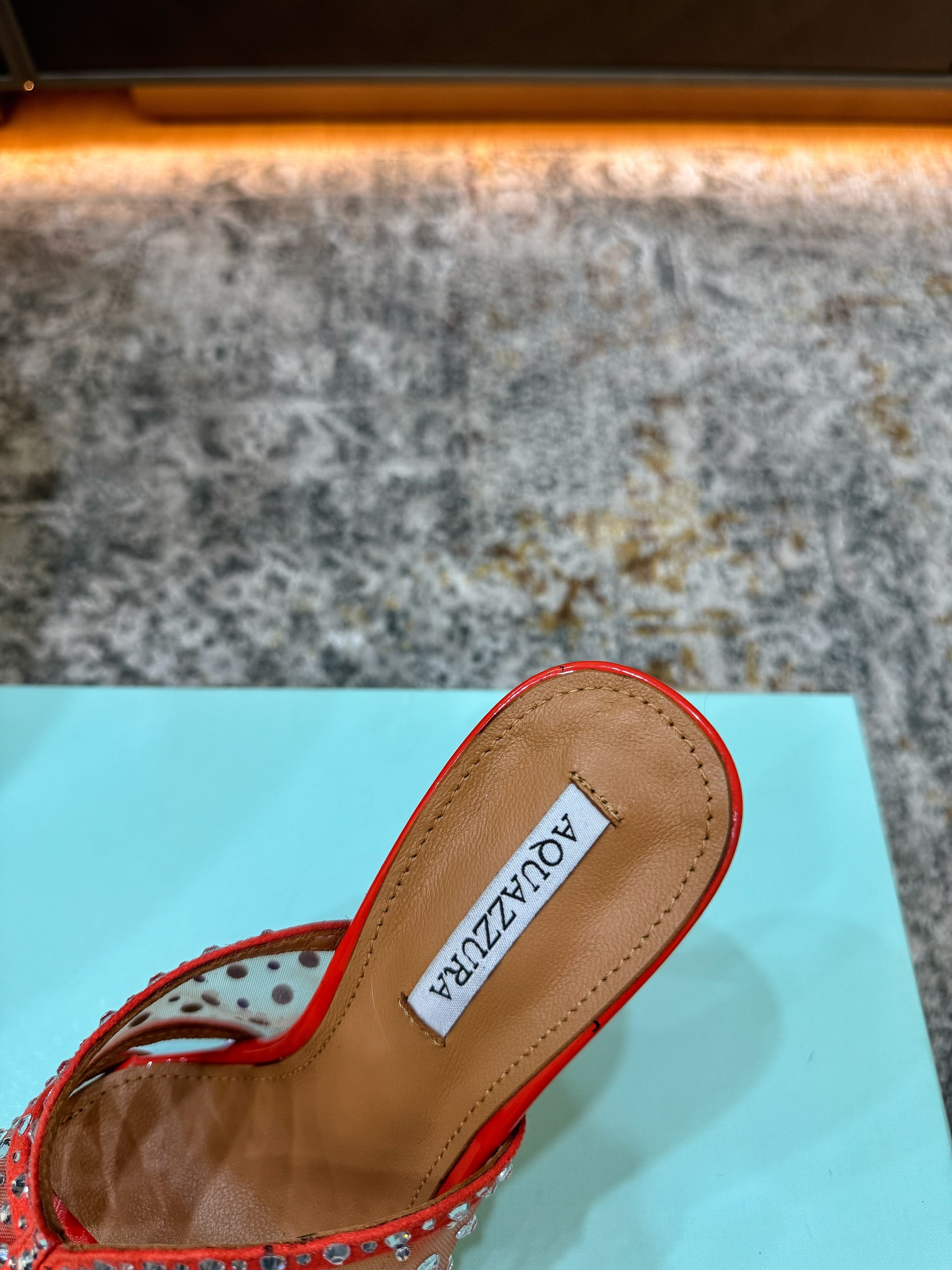AQUAZZURA 26S HIGH-HEEL SANDALS 105 MM IN RED PATENT CALFSKIN AND MESH