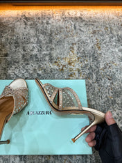 AQUAZZURA 26S HIGH-HEEL SANDALS 105 MM IN LIGHT GOLD CALFSKIN AND MESH