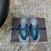 ALAIA 26S THONG SANDALS IN TEAL BLUE SATIN AND TRANSPARENT PVC