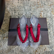 ALAIA 26S THONG SANDALS IN DARK RED SATIN AND TRANSPARENT PVC