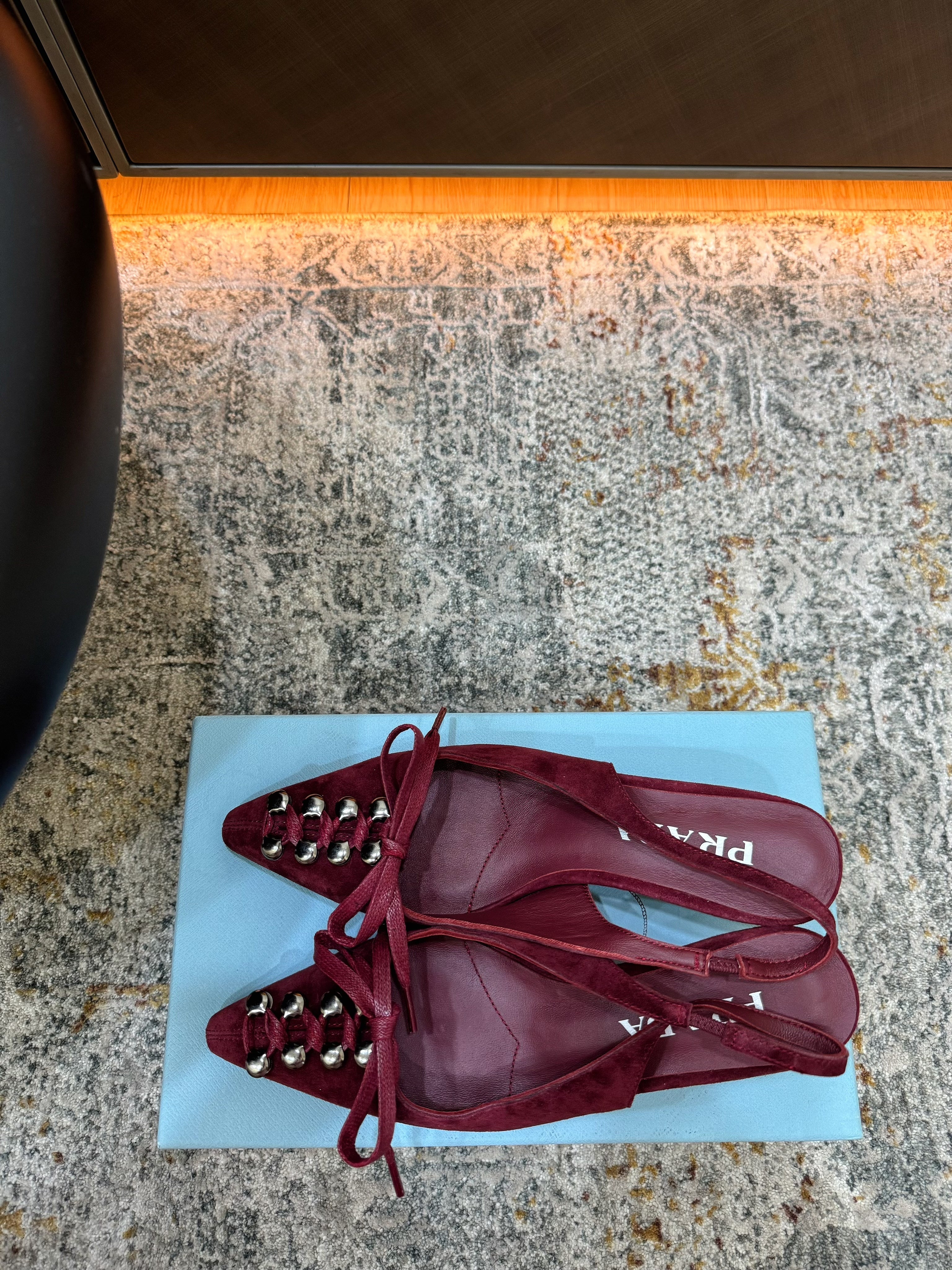 PRADA 26S POINTED TOE LACE UP SLINGBACK PUMPS 55MM IN BURGUNDY RED SUEDE