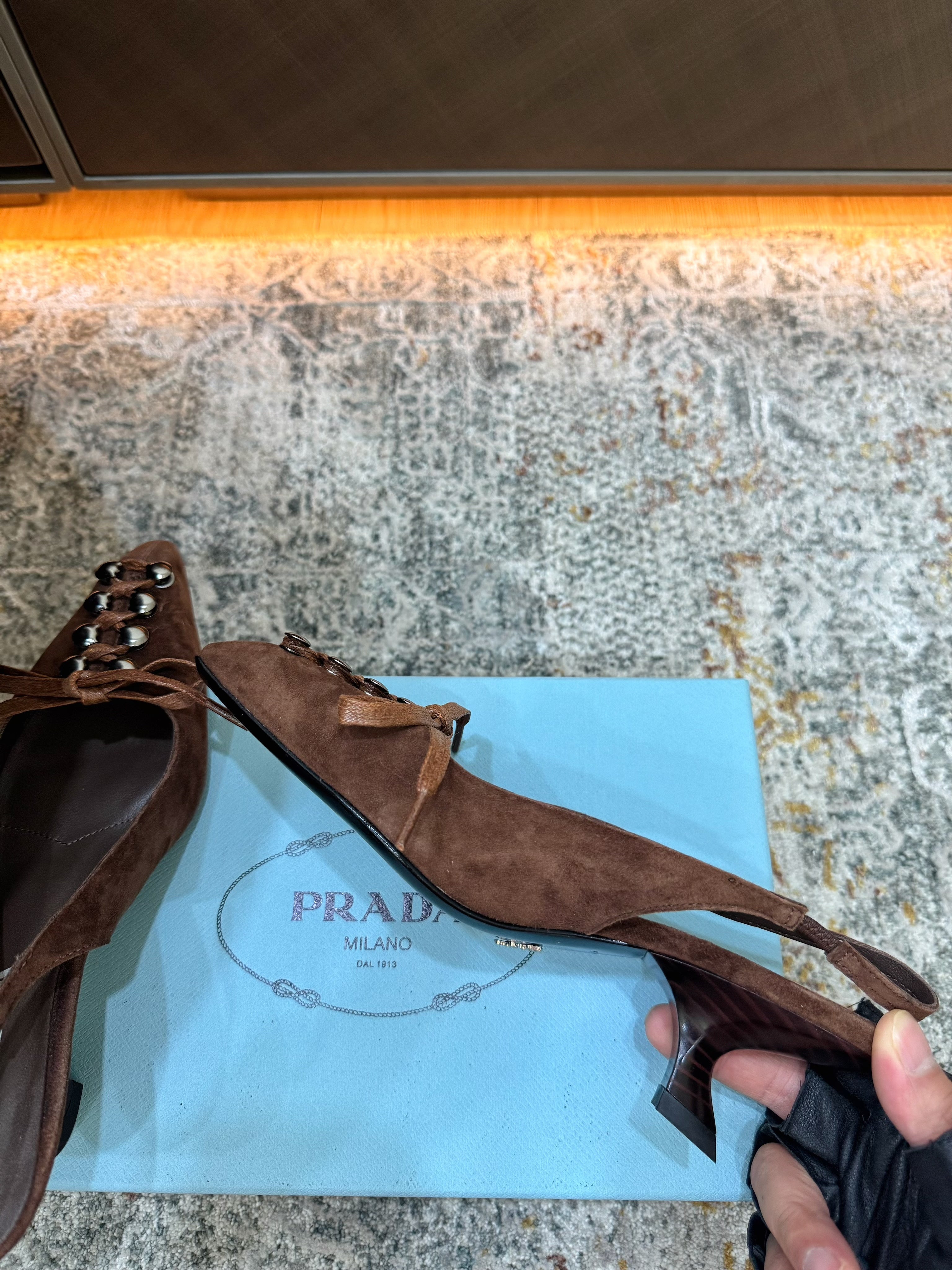 PRADA 26S POINTED TOE LACE UP SLINGBACK PUMPS 55MM IN DARK BROWN SUEDE