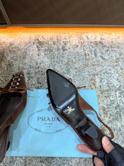 PRADA 26S POINTED TOE LACE UP SLINGBACK PUMPS 55MM IN DARK BROWN SUEDE