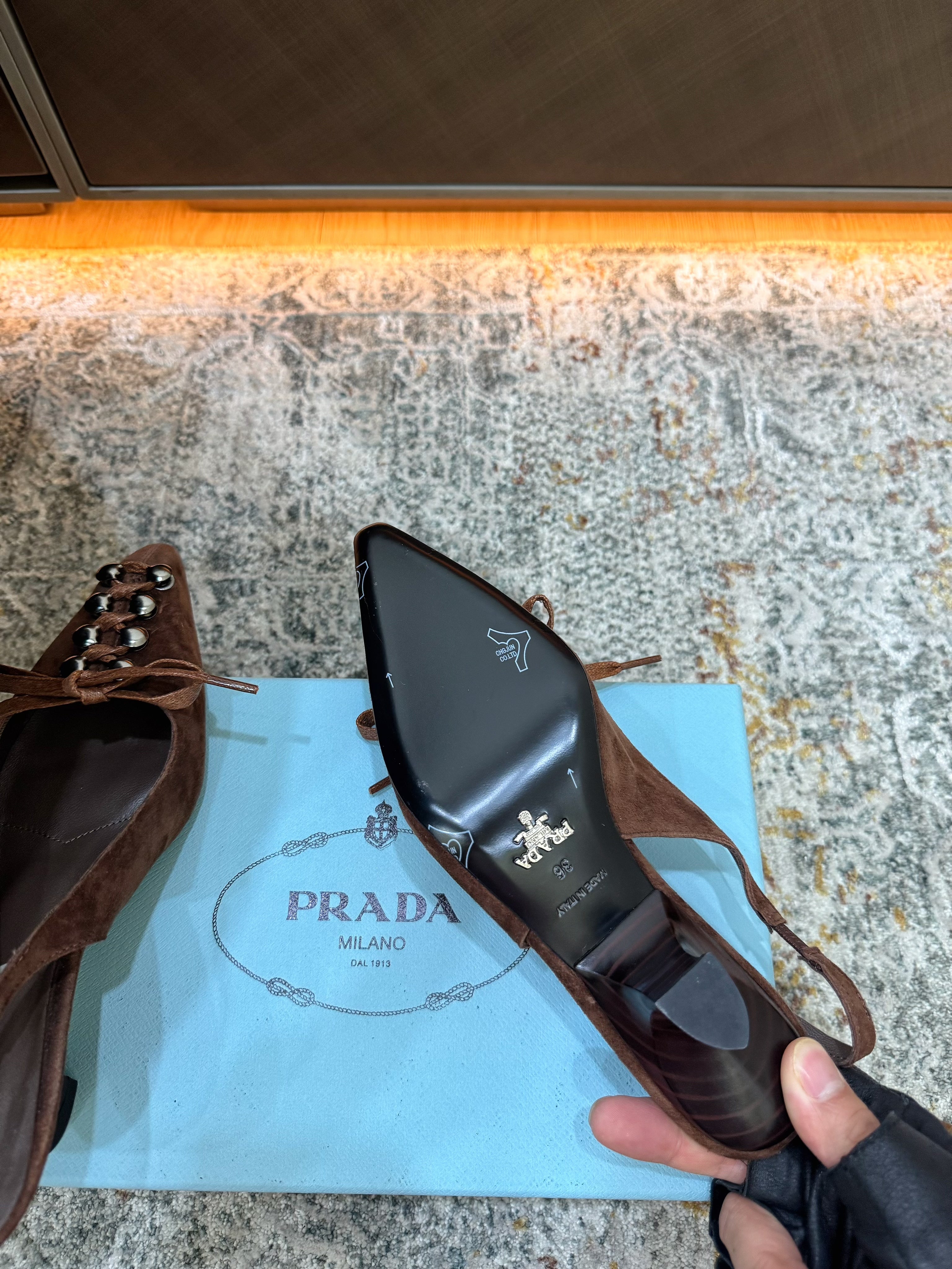 PRADA 26S POINTED TOE LACE UP SLINGBACK PUMPS 55MM IN DARK BROWN SUEDE
