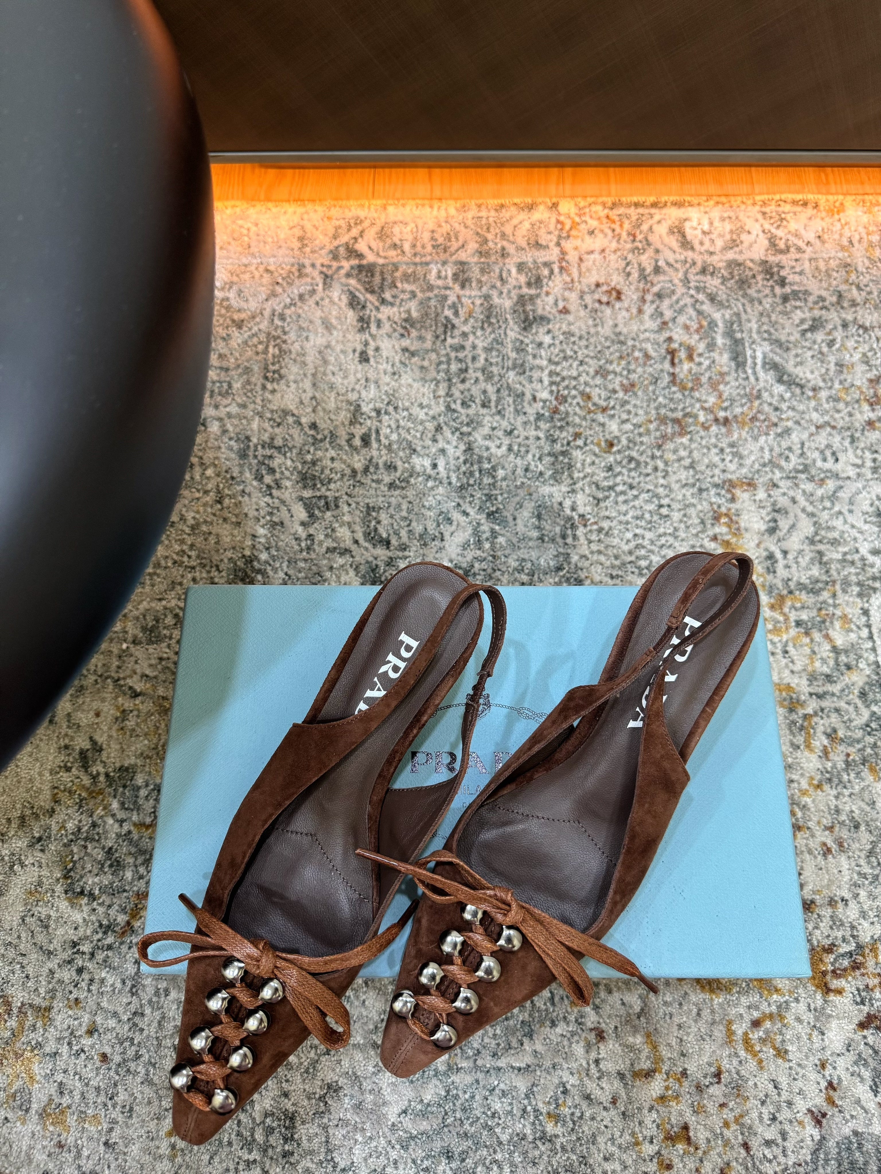 PRADA 26S POINTED TOE LACE UP SLINGBACK PUMPS 55MM IN DARK BROWN SUEDE