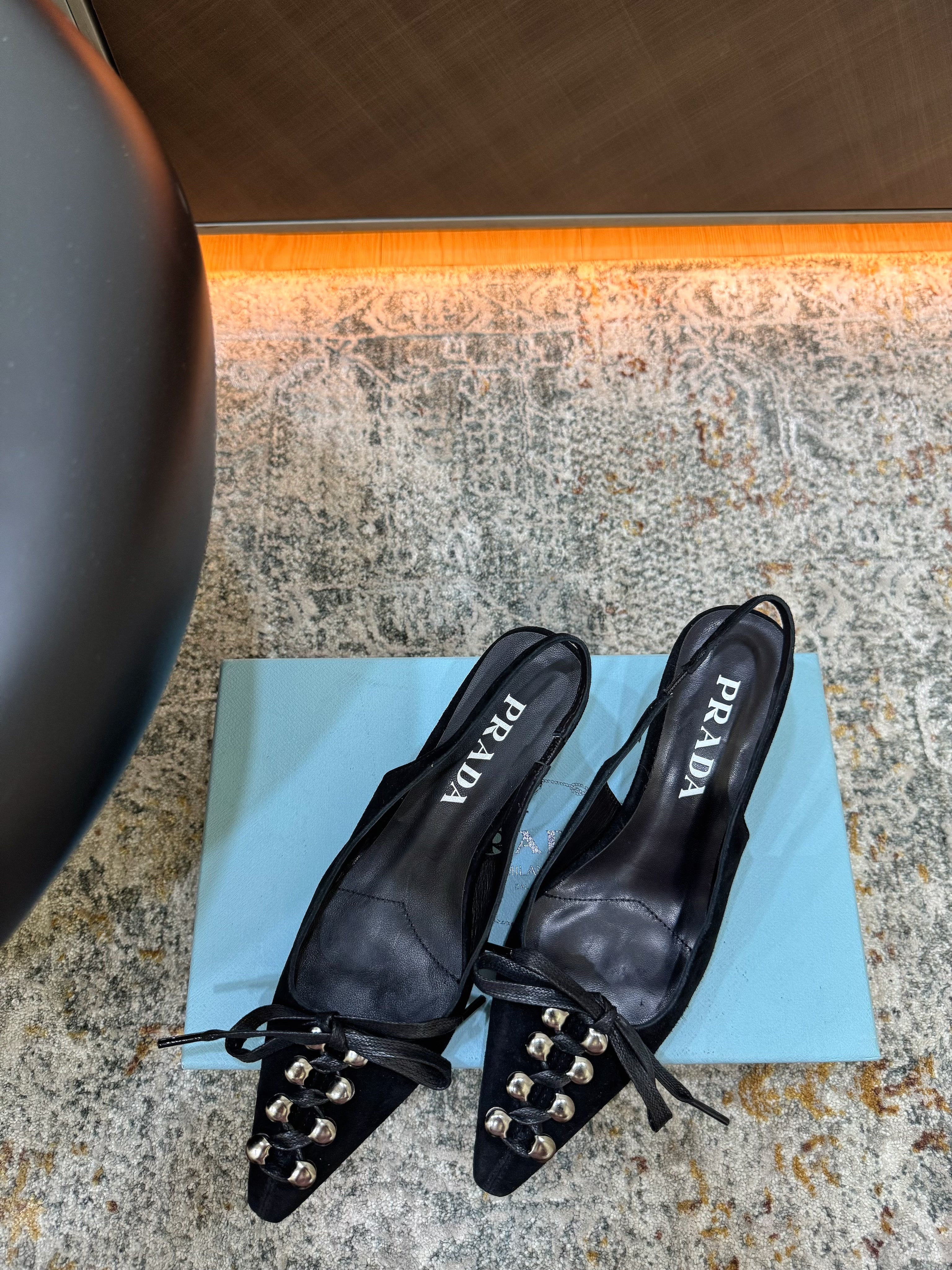 PRADA 26S POINTED TOE LACE UP SLINGBACK PUMPS 55MM IN BLACK SUEDE