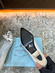 PRADA 26S POINTED TOE LACE UP STUDDED PUMPS 55MM IN WHITE CALFSKIN