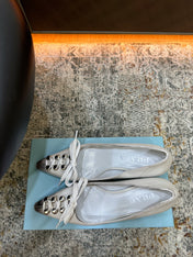 PRADA 26S POINTED TOE LACE UP STUDDED PUMPS 55MM IN WHITE CALFSKIN