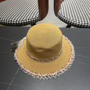 CHANEL 26S LACE & FLORAL TRIM STRAW HAT 337937