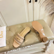 DWAY HEELED SLIDE IN CAMEL BEIGE CALFSKIN WITH GOLD LOGO
