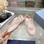 PRADA 26S LACE UP OPENWORK KNIT SNEAKERS IN BLUSH PINK KNIT FABRIC