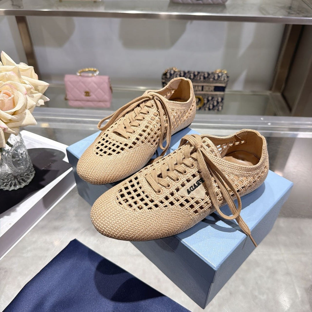 PRADA 26S LACE UP OPENWORK KNIT SNEAKERS IN BEIGE KNIT FABRIC
