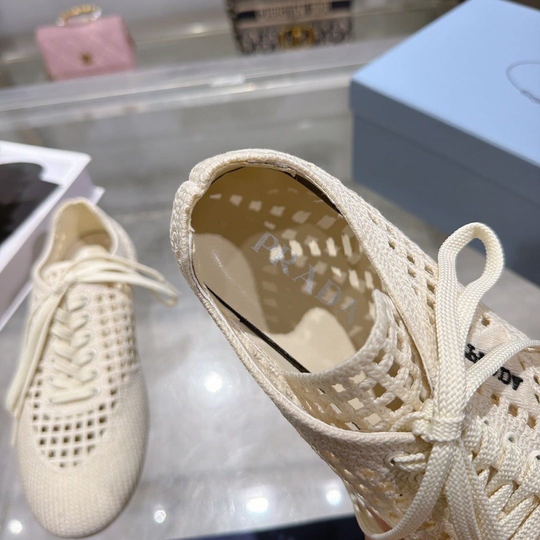PRADA 26S LACE UP OPENWORK KNIT SNEAKERS IN IVORY WHITE KNIT FABRIC