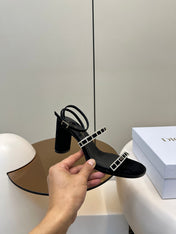 HIGH HEEL 25S SANDALS 85MM IN BLACK CALFSKIN RHINESTONES STRAP