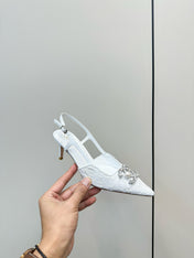 CC SLINGBACK 25S IN WHITE LACE FABRIC WITH SILVER HARDWARE