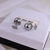 MIUMIU 26S CRYSTAL LOGO PEARL BACK STUD EARRINGS IN SILVER TONE METAL 612742