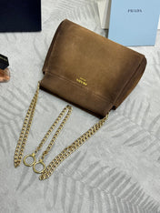 PRADA 25S ENCHAINE MINI BAG 22 IN CARAMEL BROWN SUEDE GOLD HARDWRE