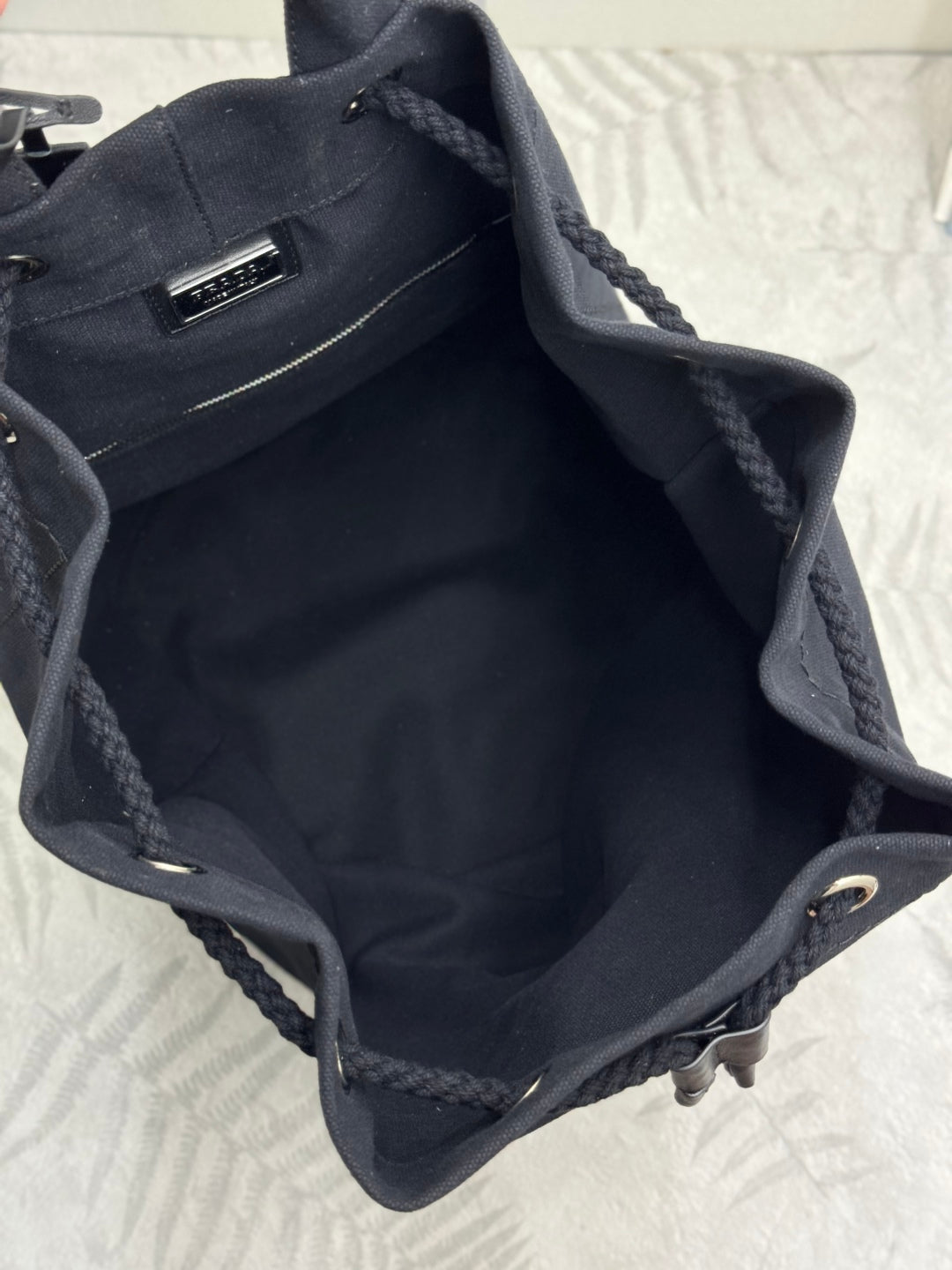 PRADA 25S DRAWSTRING BACKPACK 55 IN BLACK CANVAS LINEN SILVER HARDWARE