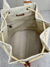 PRADA 25S DRAWSTRING BACKPACK 55 IN BEIGE CANVAS LINEN SILVER HARDWRE