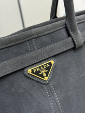 PRADA 25S BONNIE LARGE HANDBAG 38 IN DARK GRAY SUEDE GOLD HARDWARE
