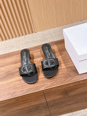 DIOR 26S LOW HEEL SLIDE SANDALS IN BLACK CALFSKIN PEARL GOLD BUCKLE
