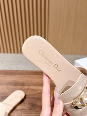 DIOR 26S WIDE STRAP SLIDE SANDALS IN BEIGE CALFSKIN PEARL GOLD BUCKLE